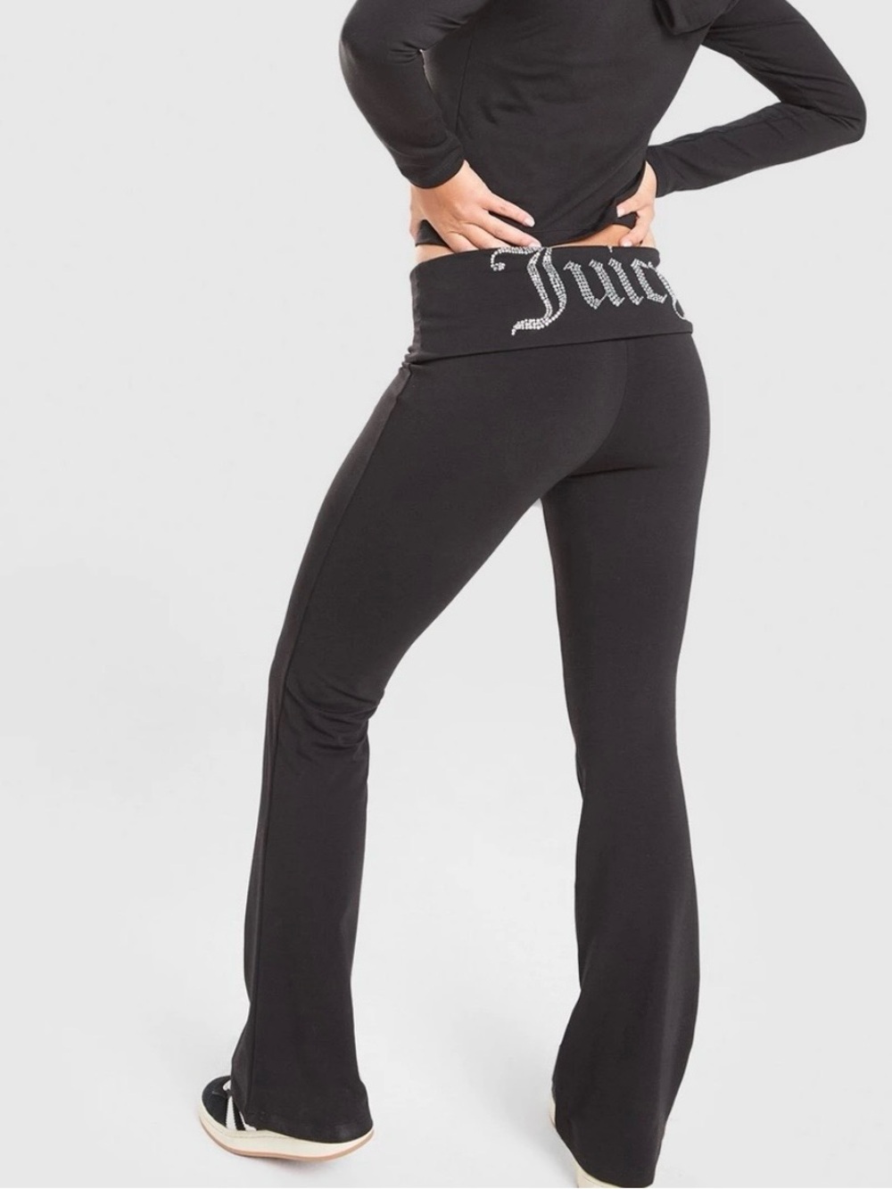 Juicy Couture Black Rhinestone Logo Fold-Over Flare Pants